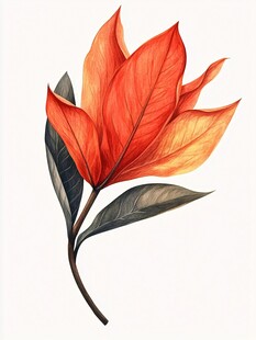 橙红花朵插画 叶脉清晰