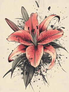 水墨风红色百合花插画