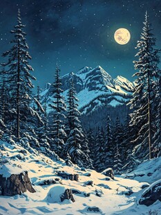 月夜下的雪岭松林美景