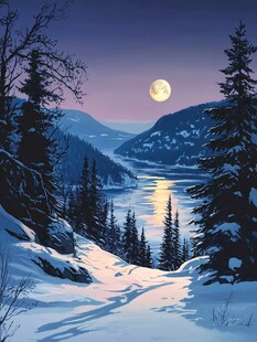 雪夜山林中的静谧月色