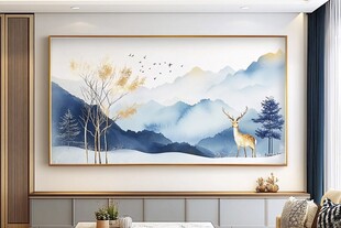 中式客厅山水麋鹿装饰画