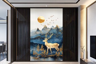中式玄关处的鹿景艺术壁画