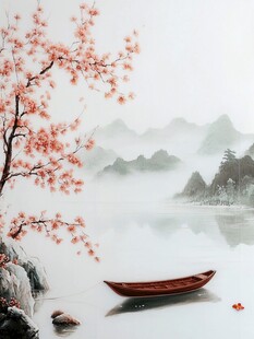 水墨湖畔小船伴花景