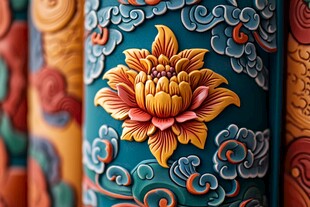 中式雕花立柱上的精美花卉