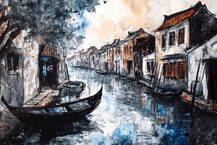 水乡水墨画中的静谧小船