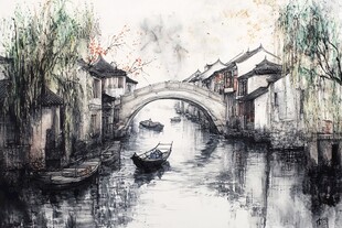 江南水乡水墨桥畔小船景