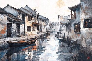 水乡古巷水墨画中的静谧