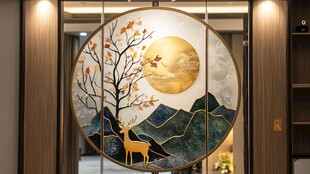 中式玄关圆形山水鹿景装饰