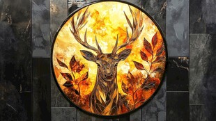 圆形鹿头艺术画 秋叶背景