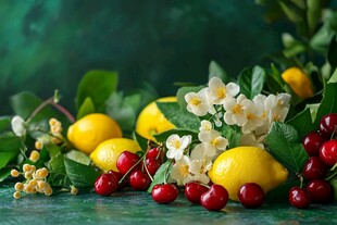 柠檬樱桃与花卉的清新组合