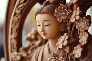 木雕古典美人 精致花朵相伴
