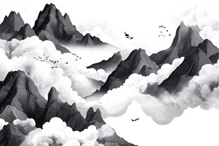 水墨群山飞鸟云海意境图