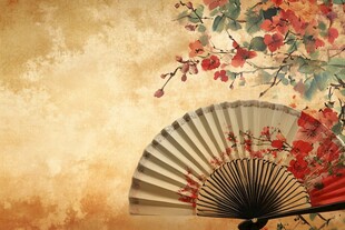 古风折扇与繁花背景图