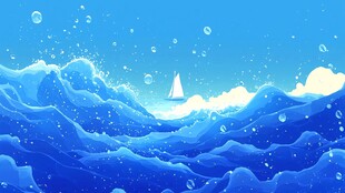蓝色海洋上的帆船与波浪