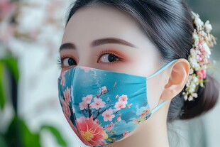 古风花卉口罩的东方佳人