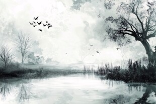水墨湖畔飞鸟图