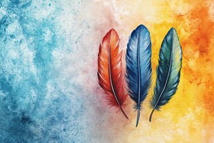 彩色羽毛绘于多彩背景上
