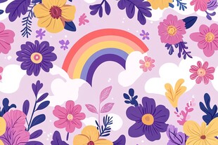 梦幻花卉与彩虹插画图案