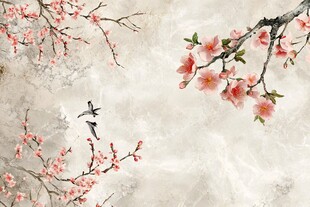 水墨桃花间双飞鸟图