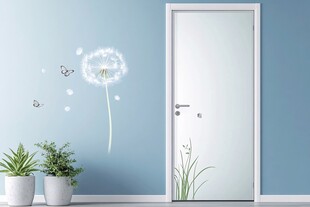 清新蓝墙门边绿植蒲公英