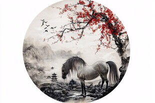 水墨骏马图 红梅添诗意