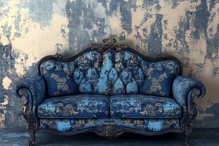 复古蓝花纹沙发靠墙而立