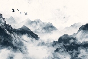 水墨山川飞鸟意境图