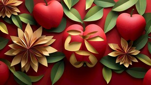 红底苹果绿叶贺岁图案