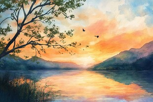 湖畔夕阳树影飞鸟美景