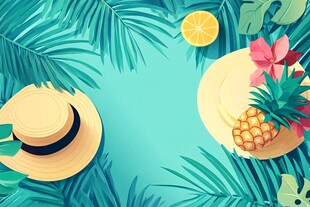 夏日度假风 草帽菠萝与绿植