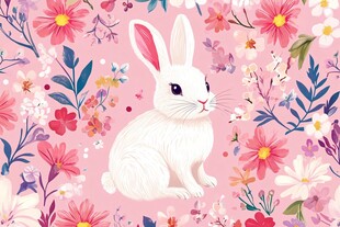 粉色花丛中的可爱白兔