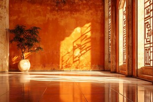 古墙光影下的雅致室内景致