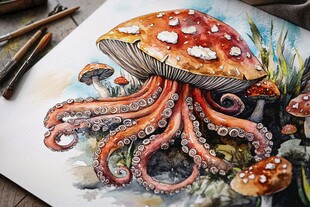 奇幻章鱼蘑菇水彩绘画