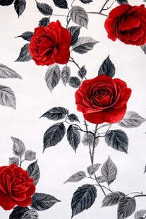 红玫瑰黑白叶花卉图案
