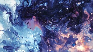 梦幻星夜下的飘逸长发女子