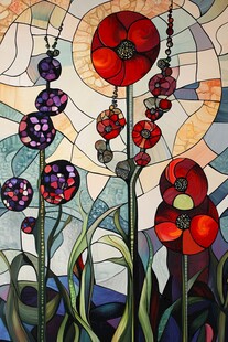 梦幻罂粟花的绚丽玻璃画