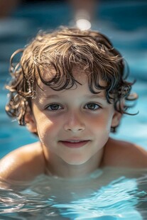 泳池中微笑的卷发小男孩