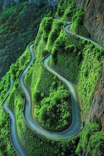 山间蜿蜒公路宛如绿绸带