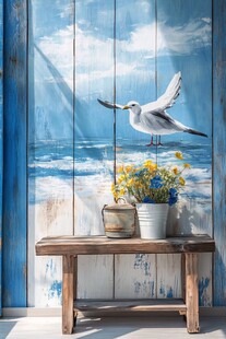 海边风情木桌花卉与飞鸟