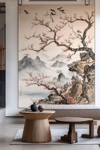 中式客厅的山水花鸟挂画