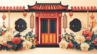中式宅院门前繁花盛景