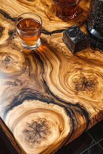 独特木纹桌上的两杯佳酿