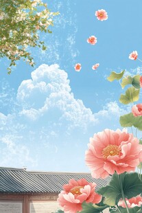 夏日庭院牡丹飘花美景