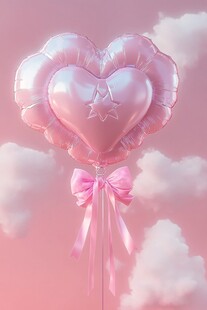 粉色爱心气球飘于云端