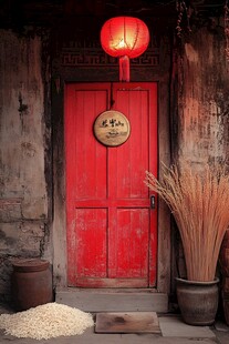 古旧红门前的田园风情