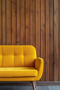 黄色沙发搭配木质背景墙