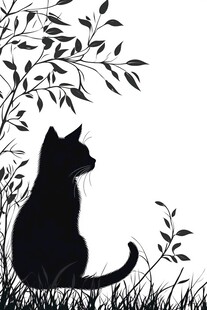 黑猫坐于草木间剪影