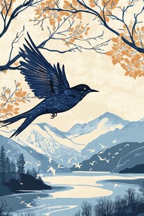 飞鸟掠过山水秋景图