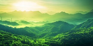 晨曦中的翠绿山峦美景