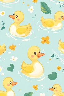 可爱小黄鸭与花卉水波纹图案
